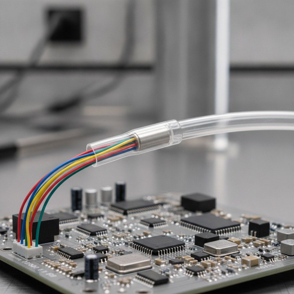 Photorealistic industrial website image for custom fep tubing: transparent FEP tubing used as clean protective sleeve around sensor leads in an electronics assembly, no labels, no text, no logo, no watermark