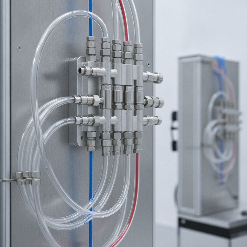 Photorealistic industrial website image for custom fep tubing: transparent FEP tubing in a clean OEM fluid assembly with fittings and routed lines, no text, no logo, no watermark