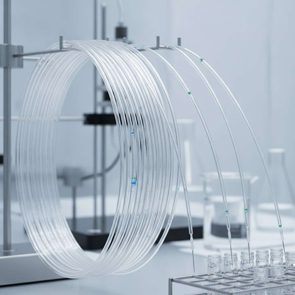 Photorealistic industrial website image for custom fep tubing: precision small ID transparent FEP tubing for low flow dosing and sampling, no labels, no text, no logo, no watermark