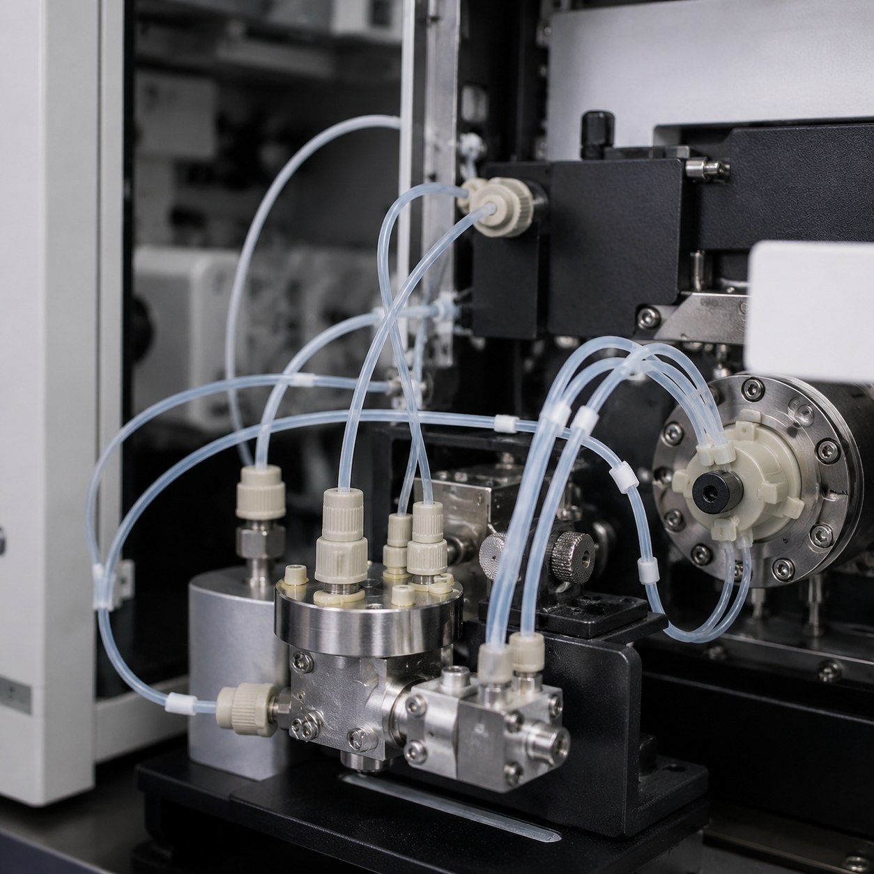 Photorealistic industrial website image for custom fluoropolymer tubing: analytical instrument fluid path using custom small fluoropolymer tubing, no text, no logo, no watermark