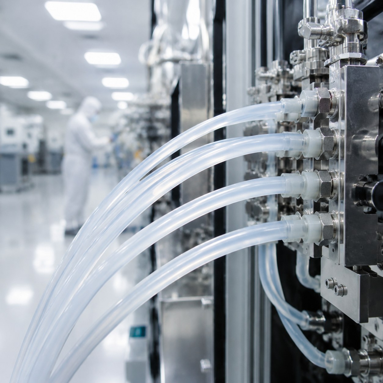 Photorealistic industrial website image for custom fluoropolymer tubing: semiconductor chemical delivery lines using custom fluoropolymer tubing, no text, no logo, no watermark