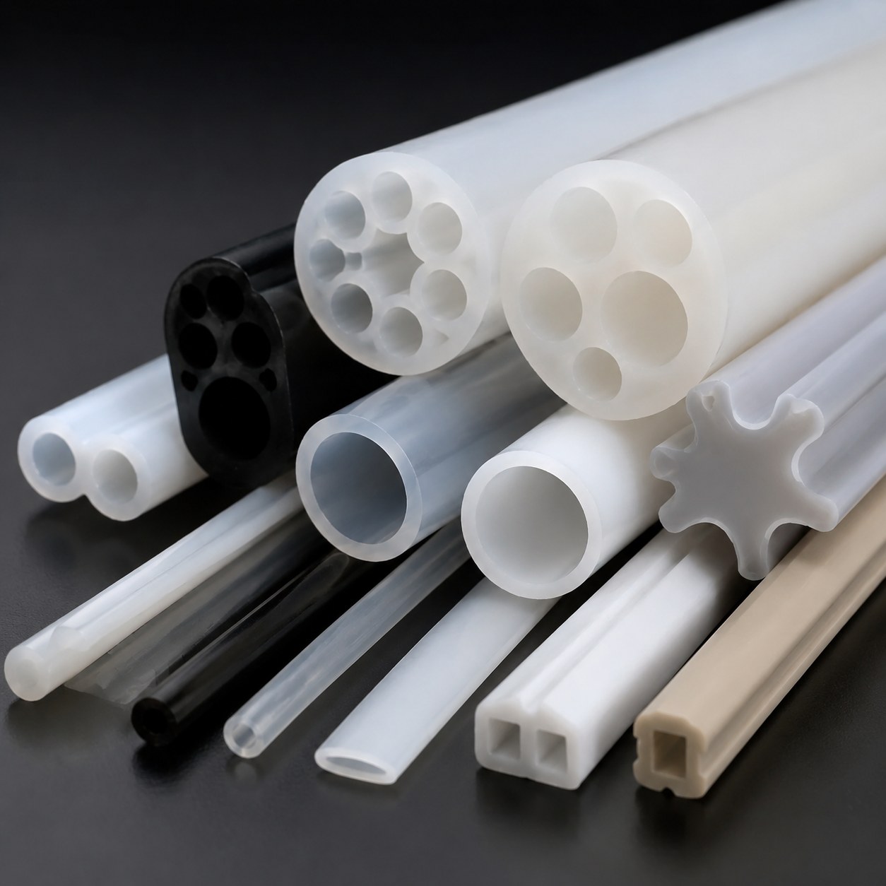 Photorealistic industrial website image for custom fluoropolymer tubing: multi-lumen and profile extrusion tubing samples, no text, no logo, no watermark