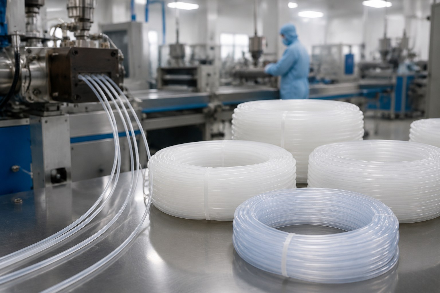 Photorealistic industrial website image for custom fluoropolymer tubing: custom PTFE FEP PFA tubing production and finished coils in a clean manufacturing area, no text, no logo, no watermark
