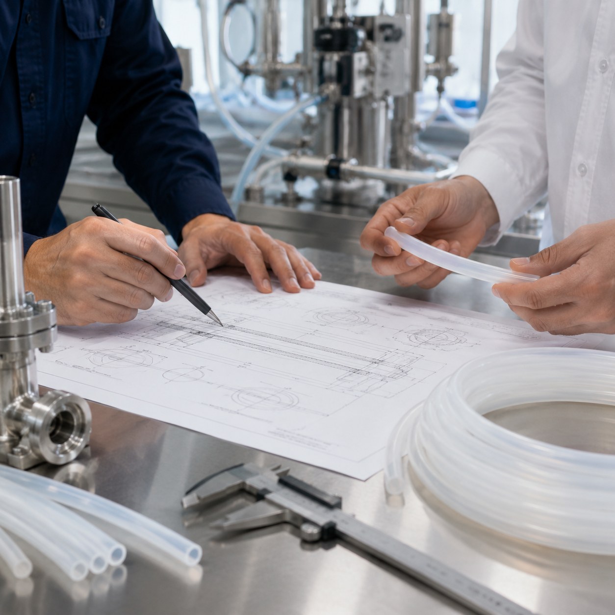 Photorealistic industrial website image for custom fluoropolymer tubing: engineering review of tubing drawing and application requirements, no text, no logo, no watermark