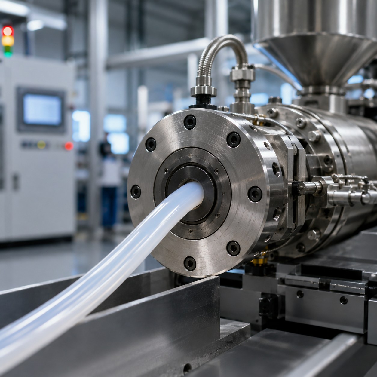 Photorealistic industrial website image for custom fluoropolymer tubing: controlled extrusion of custom fluoropolymer tubing, no text, no logo, no watermark