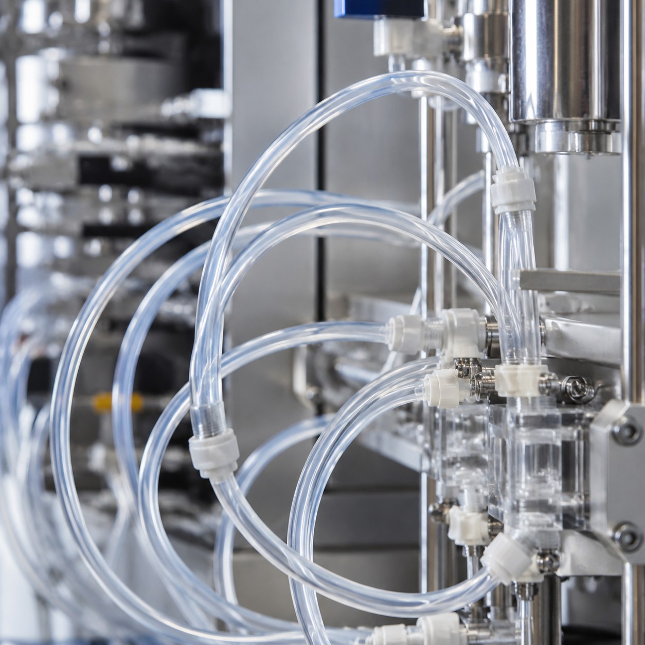 Photorealistic industrial website image for custom fluoropolymer tubing: custom clear FEP tubing for visible fluid paths, no text, no logo, no watermark