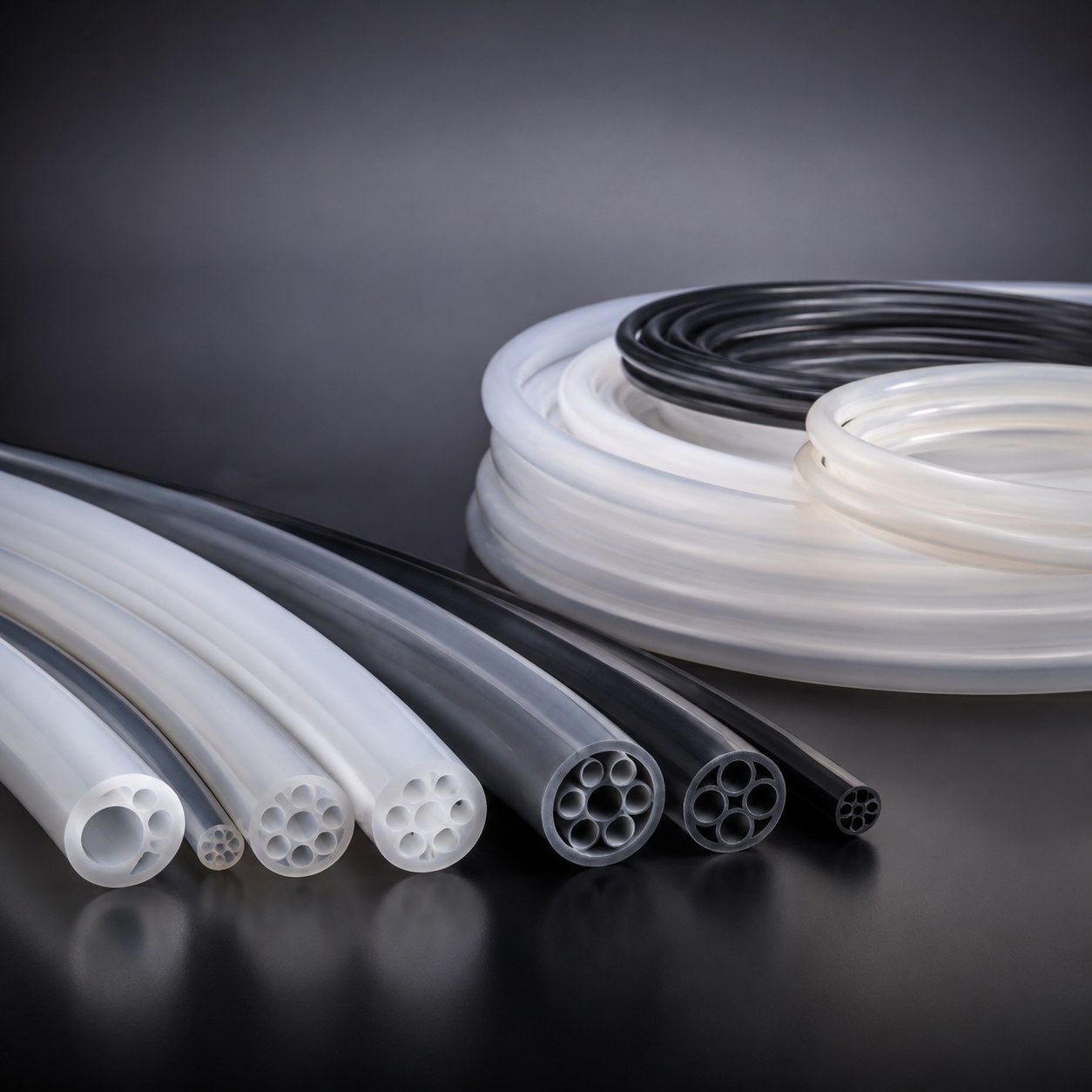 Photorealistic industrial website image for custom fluoropolymer tubing: custom multi-lumen tubing cross sections and coils, no text, no logo, no watermark