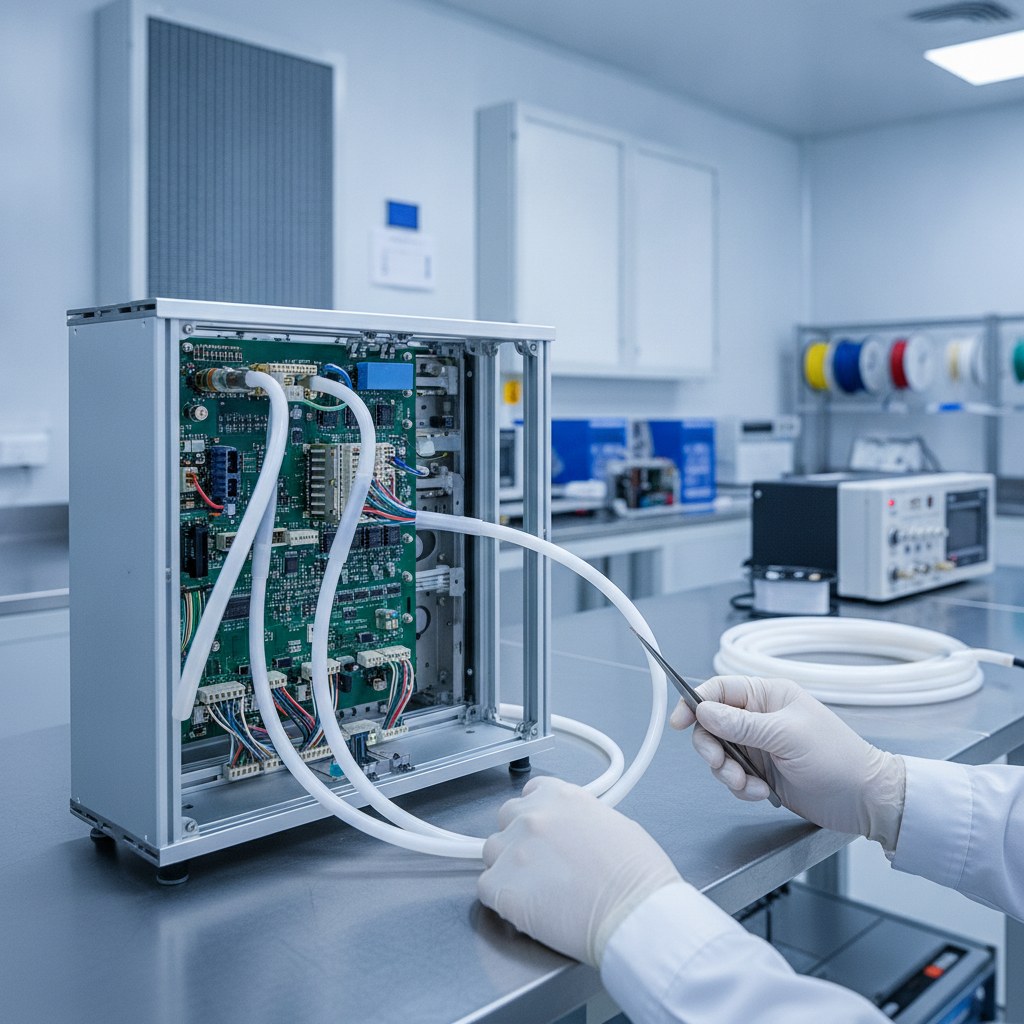 Photorealistic industrial website image for custom ptfe tubing: aerospace electronics insulation using PTFE tubing, clean application scene, no text, no logo, no watermark