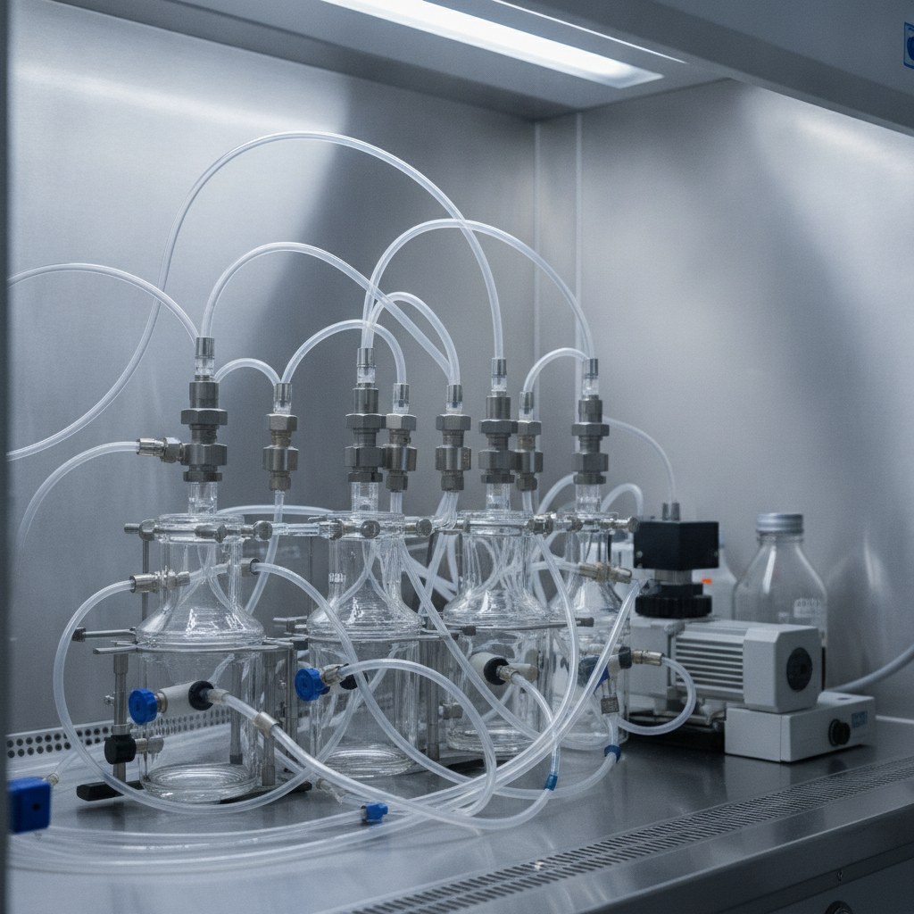Photorealistic industrial website image for custom ptfe tubing: chemical instrumentation fluid path with PTFE tubing, clean application scene, no text, no logo, no watermark
