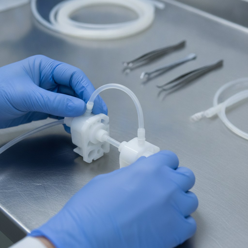 Photorealistic industrial website image for custom ptfe tubing: medical device assembly with PTFE tubing, clean application scene, no text, no logo, no watermark