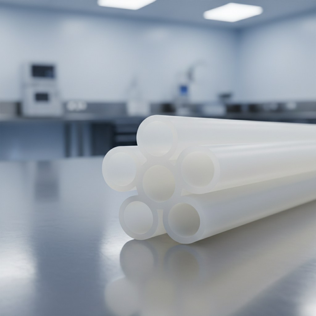 Photorealistic industrial website image for custom ptfe tubing: multi lumen PTFE tubing profile, clean product scene, no text, no logo, no watermark