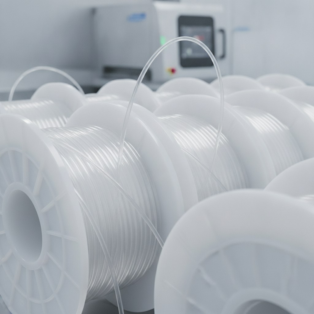 Photorealistic industrial website image for custom ptfe tubing: thin wall PTFE tubing closeup, clean product scene, no text, no logo, no watermark