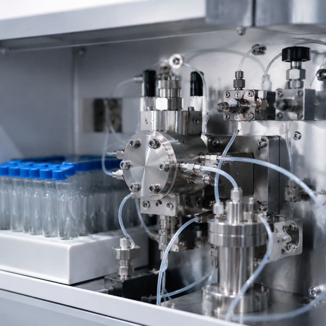 Photorealistic industrial website image for custom size tubing: laboratory analytical system with precision small tubing, no text, no logo, no watermark