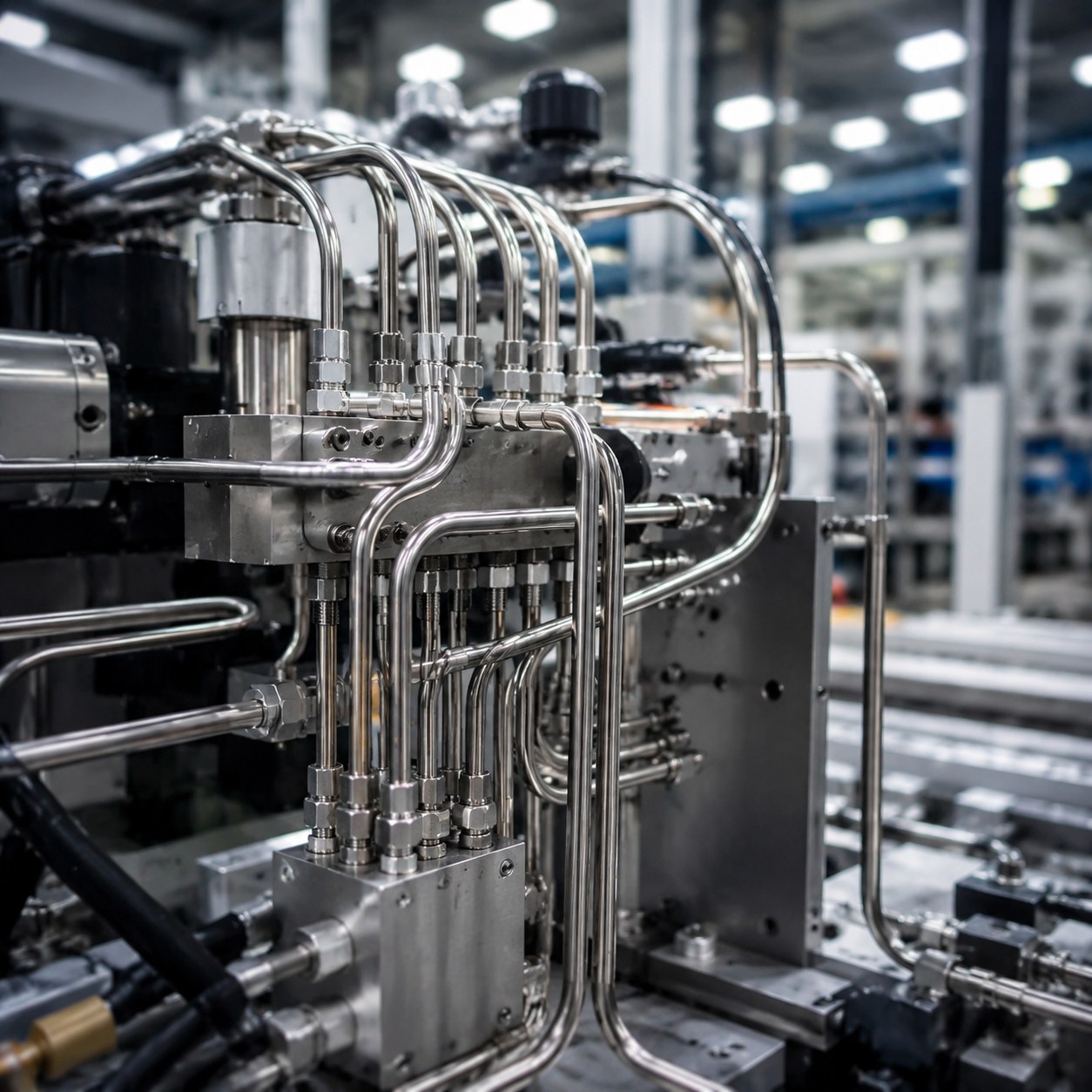 Photorealistic industrial website image for custom size tubing: OEM equipment fluid paths with custom tubing, no text, no logo, no watermark
