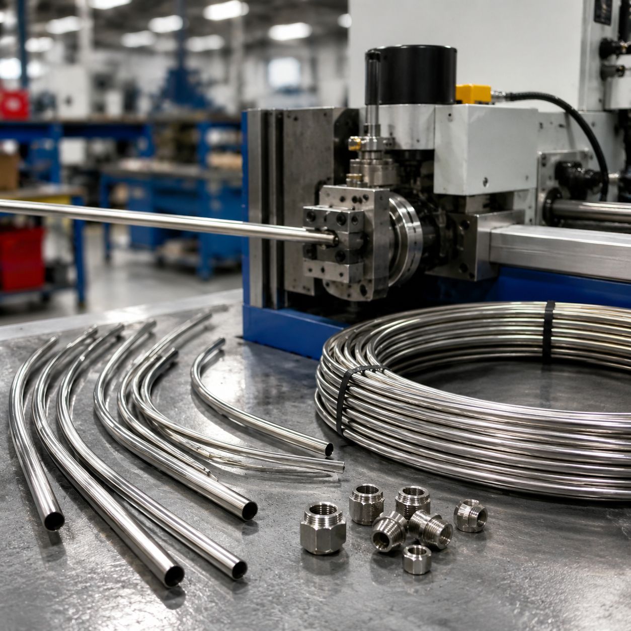 Photorealistic industrial website image for custom size tubing: precision assembly and replacement tubing cut to dimension, no text, no logo, no watermark