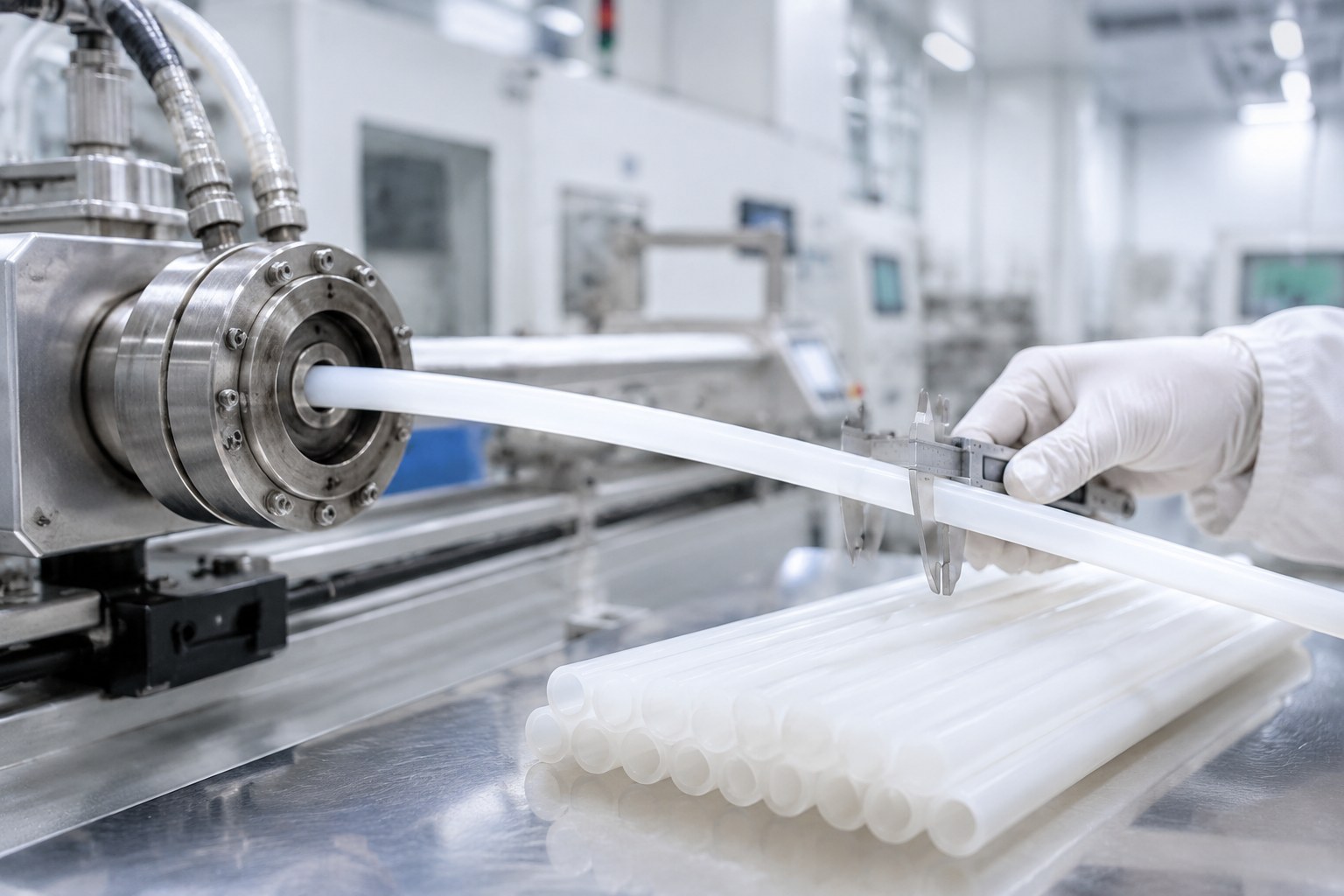 Photorealistic industrial website image for custom size tubing: precision fluoropolymer tubing extrusion and measured cut lengths in clean production area, no text, no logo, no watermark