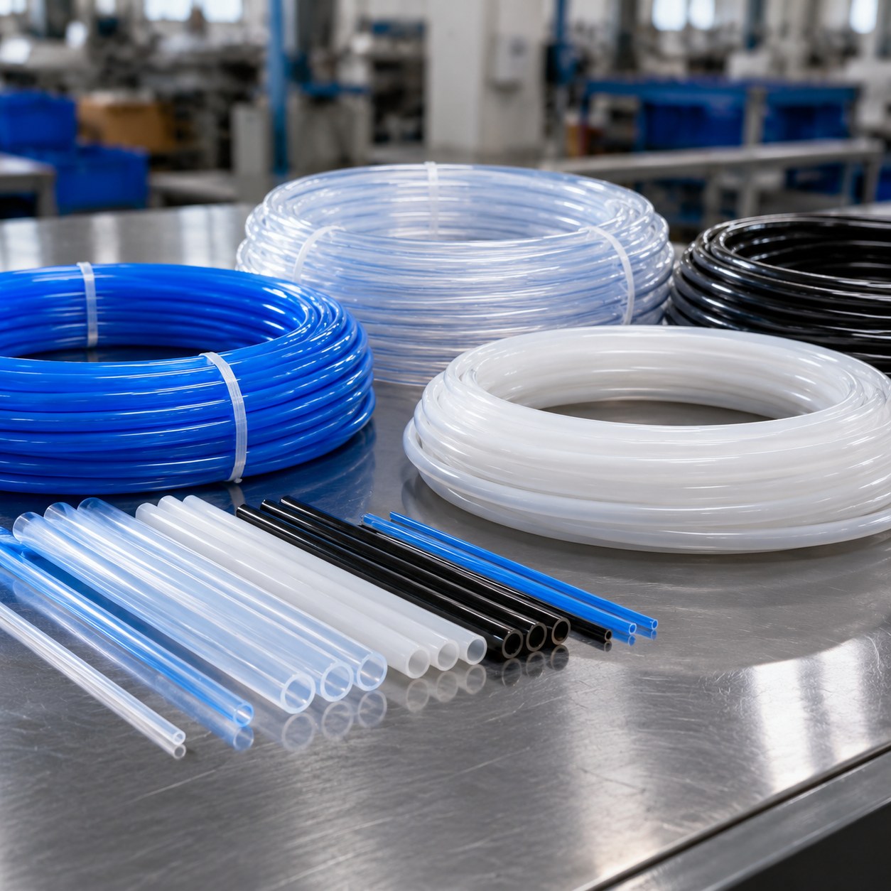 Photorealistic industrial website image for custom size tubing: cut to length tubing and coil supply, no text, no logo, no watermark