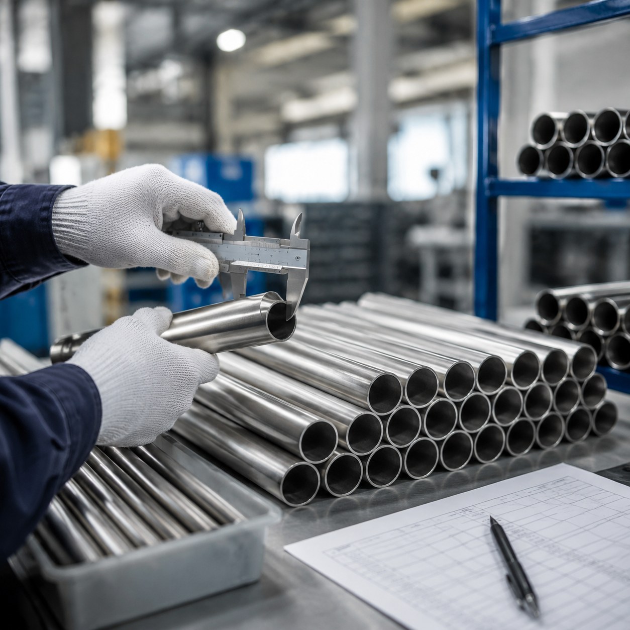 Photorealistic industrial website image for custom size tubing: tubing tolerance inspection and batch control, no text, no logo, no watermark
