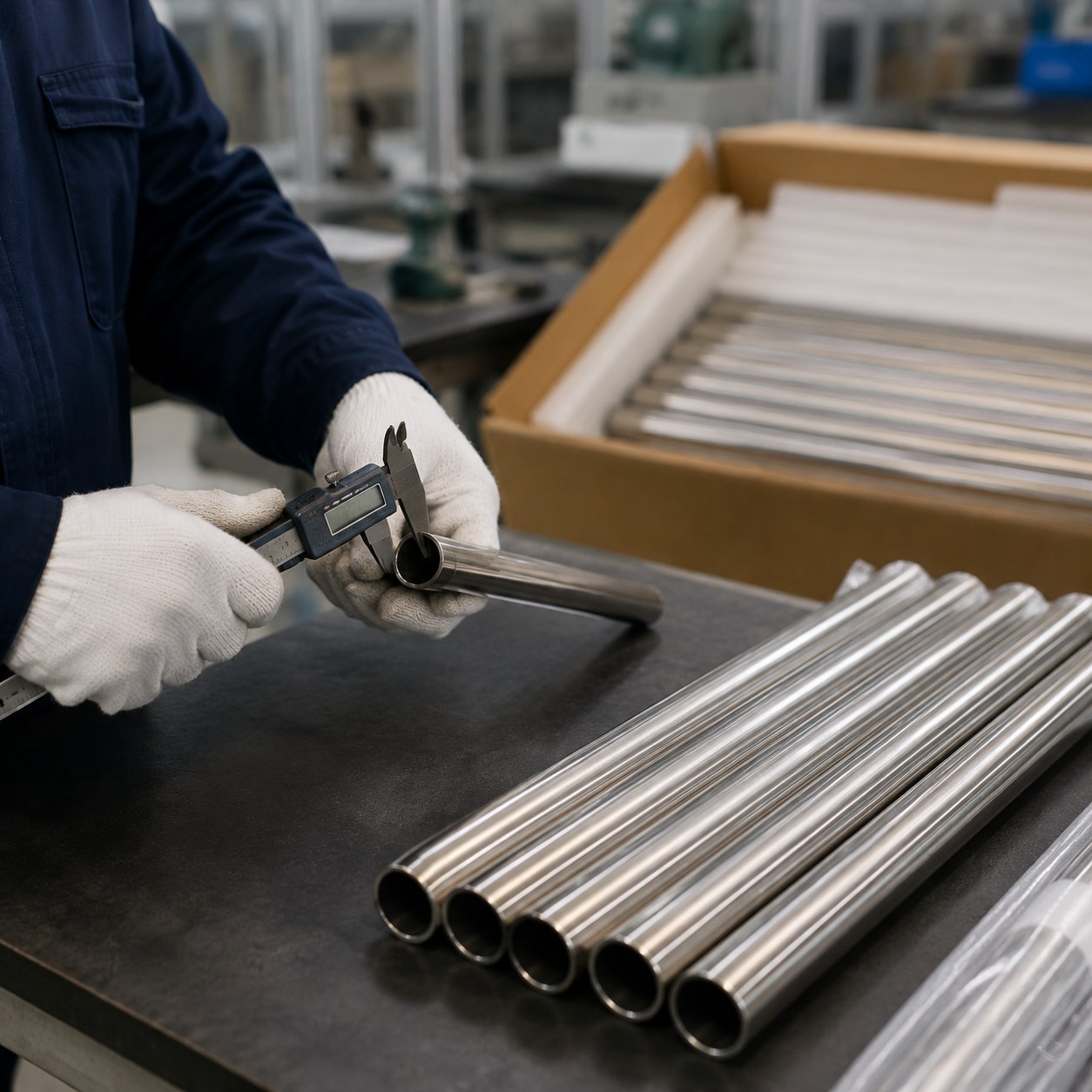 Photorealistic industrial website image for custom size tubing: dimension inspection and packing of custom tubing, no text, no logo, no watermark