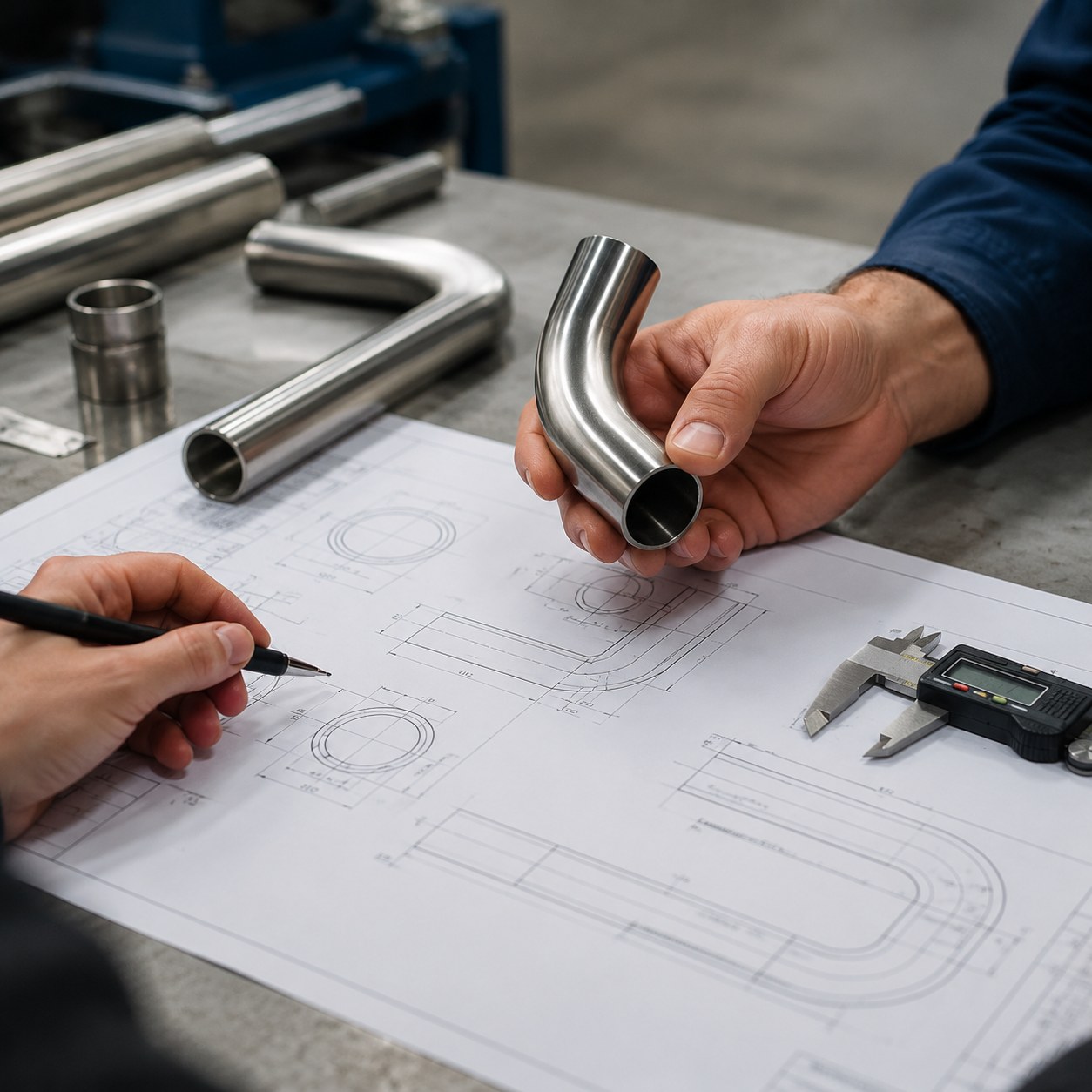 Photorealistic industrial website image for custom size tubing: drawing and sample review for tubing dimensions, no text, no logo, no watermark