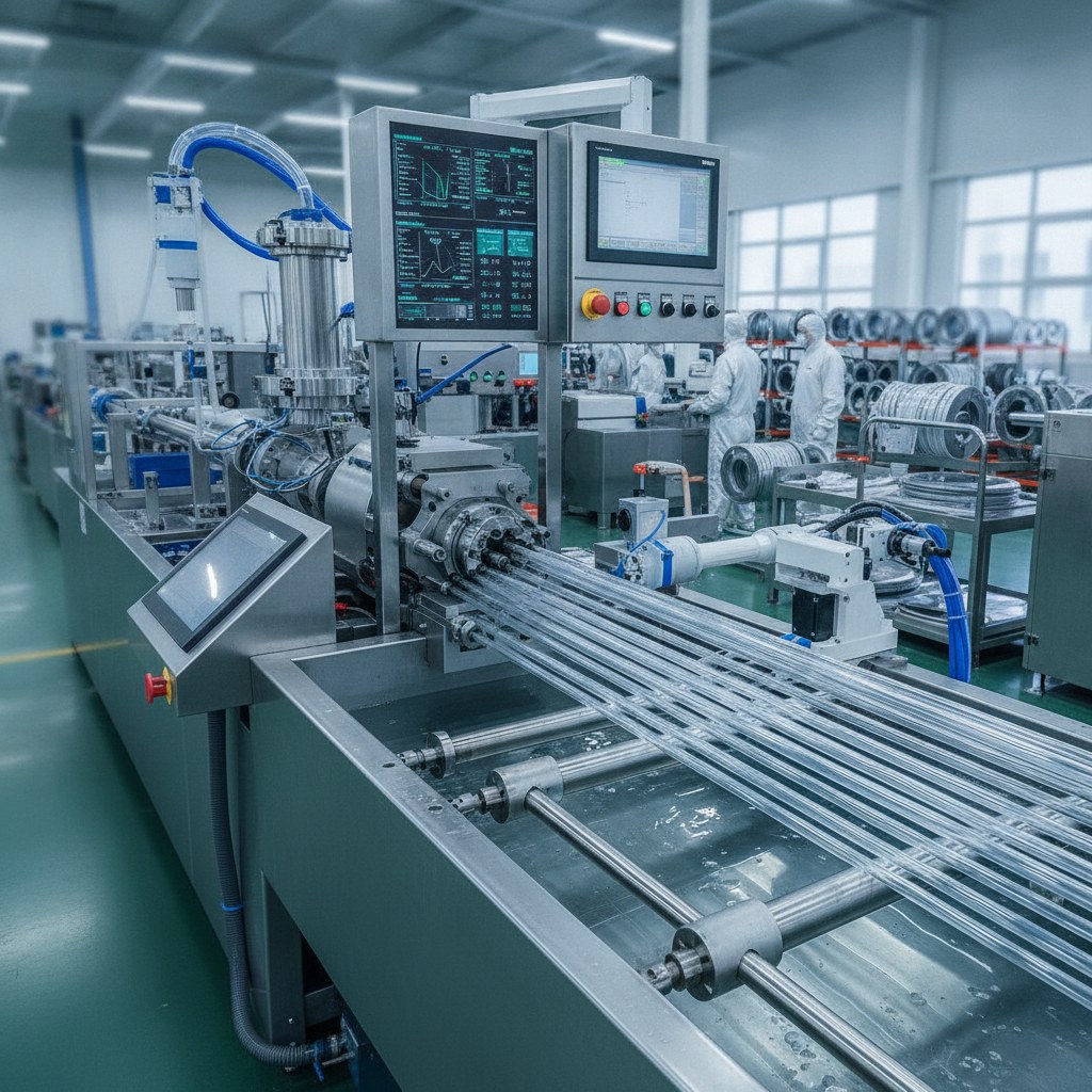 Photorealistic industrial website image for custom size tubing: extrusion process control for fluoropolymer tubing, no text, no logo, no watermark