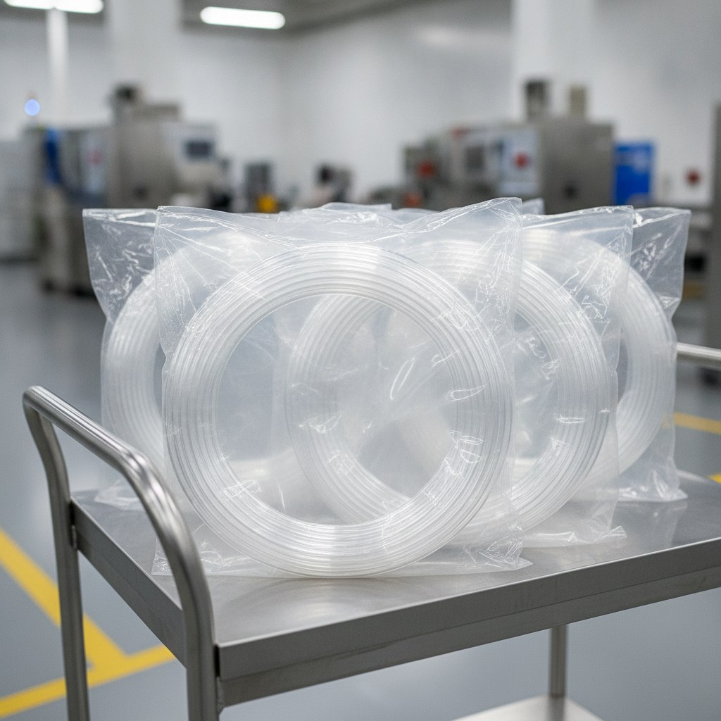 Photorealistic industrial website image for etfe tubing: Supply Format, clean packed coils and cut tubing ready for labeling and shipment, no text, no logo, no watermark