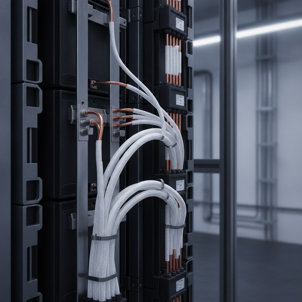 Photorealistic industrial website image for etfe wire tubing: battery and energy storage component wiring protected by ETFE sleeves, no text, no logo, no watermark