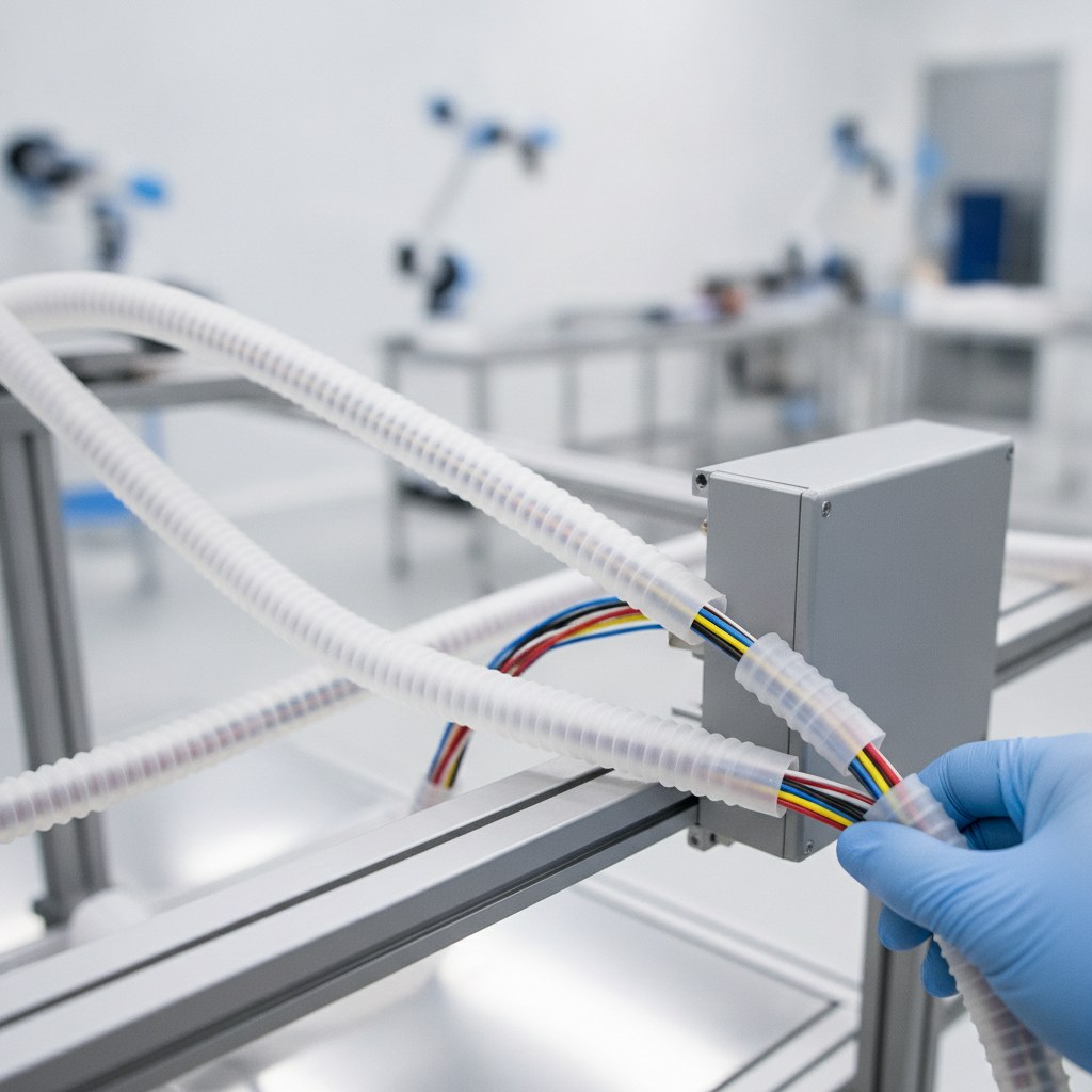 Photorealistic industrial website image for etfe wire tubing: cable harness protection with ETFE sleeves in a clean assembly scene, no text, no logo, no watermark