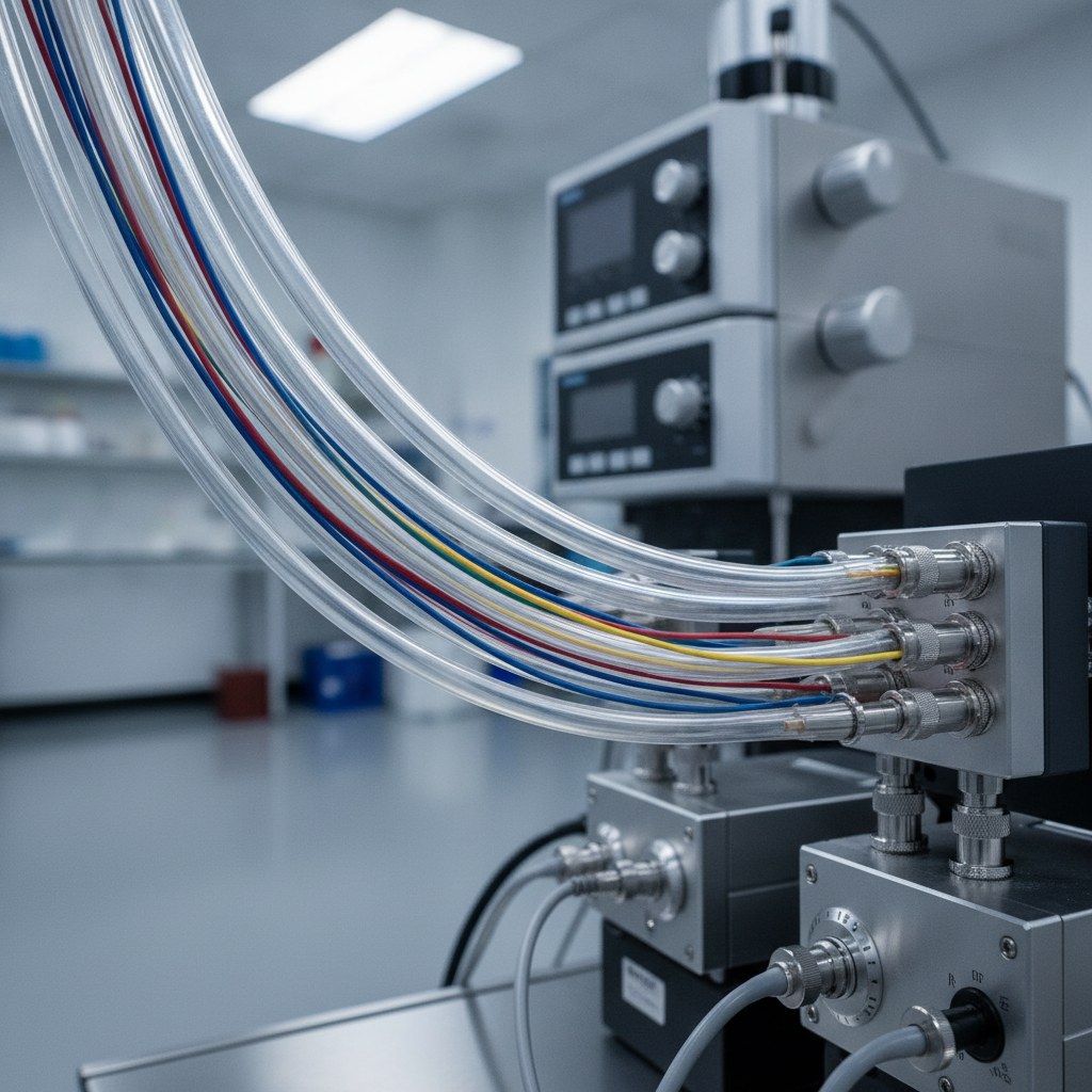 Photorealistic industrial website image for etfe wire tubing: laboratory instrumentation wiring with clean ETFE tubing protection, no text, no logo, no watermark