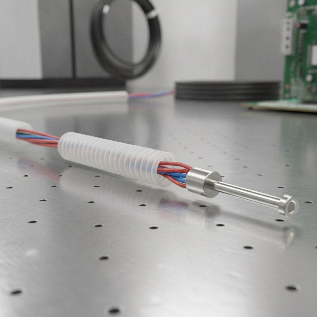 Photorealistic industrial website image for etfe wire tubing: sensor lead and probe assembly protected by ETFE tubing, no text, no logo, no watermark