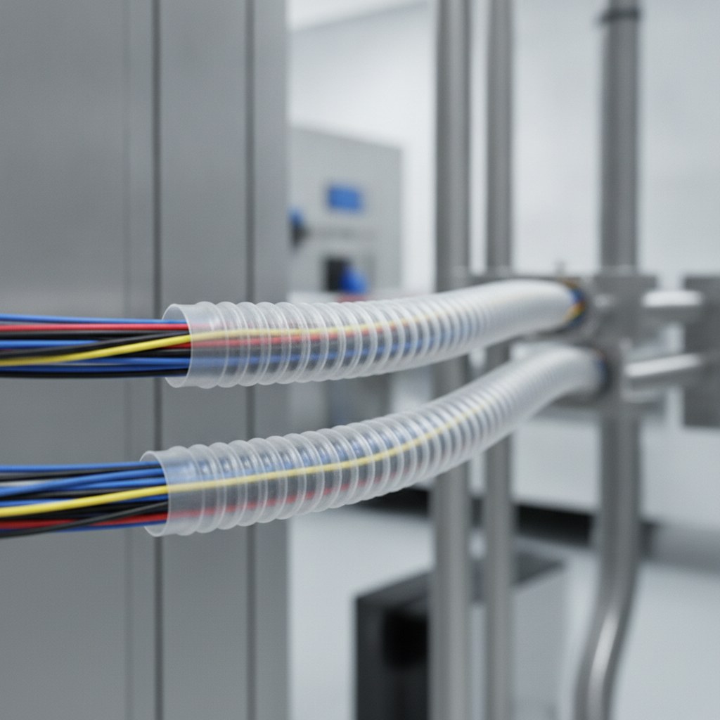 Photorealistic industrial website image for etfe wire tubing: ETFE tubing protecting clean wire harnesses and cable assemblies, no text, no logo, no watermark