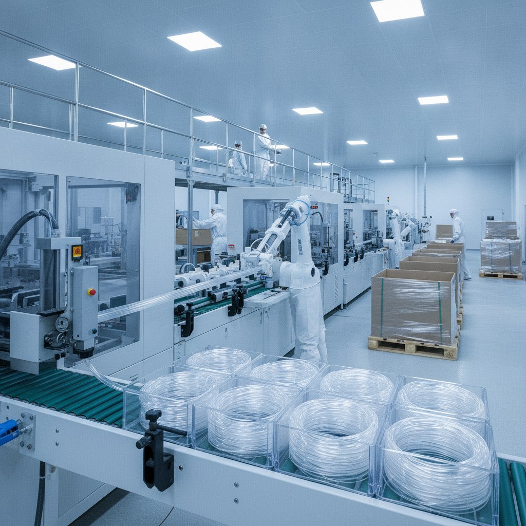 Photorealistic industrial website image for etfe wire tubing: clean cutting coiling and packing of ETFE tube sets, no text, no logo, no watermark