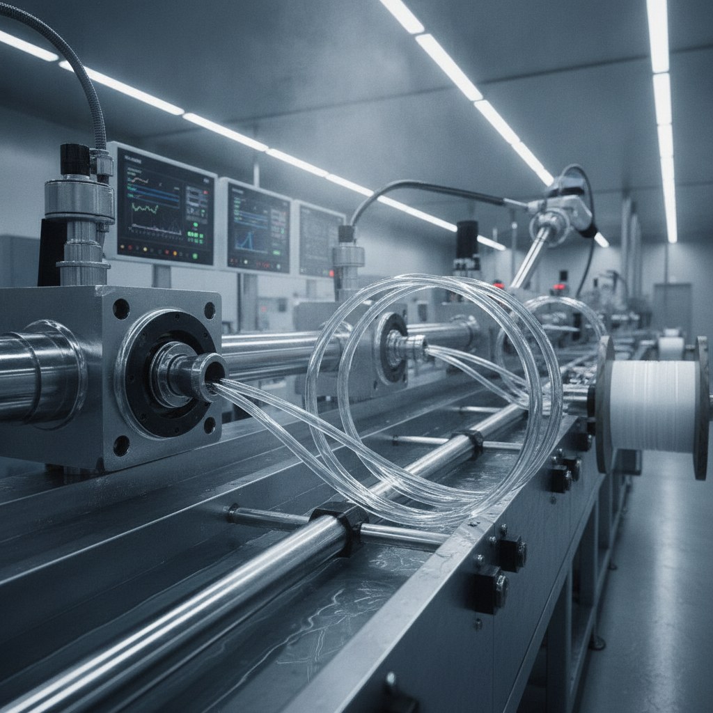 Photorealistic industrial website image for etfe wire tubing: controlled ETFE tube extrusion line for small diameter tubing, no text, no logo, no watermark