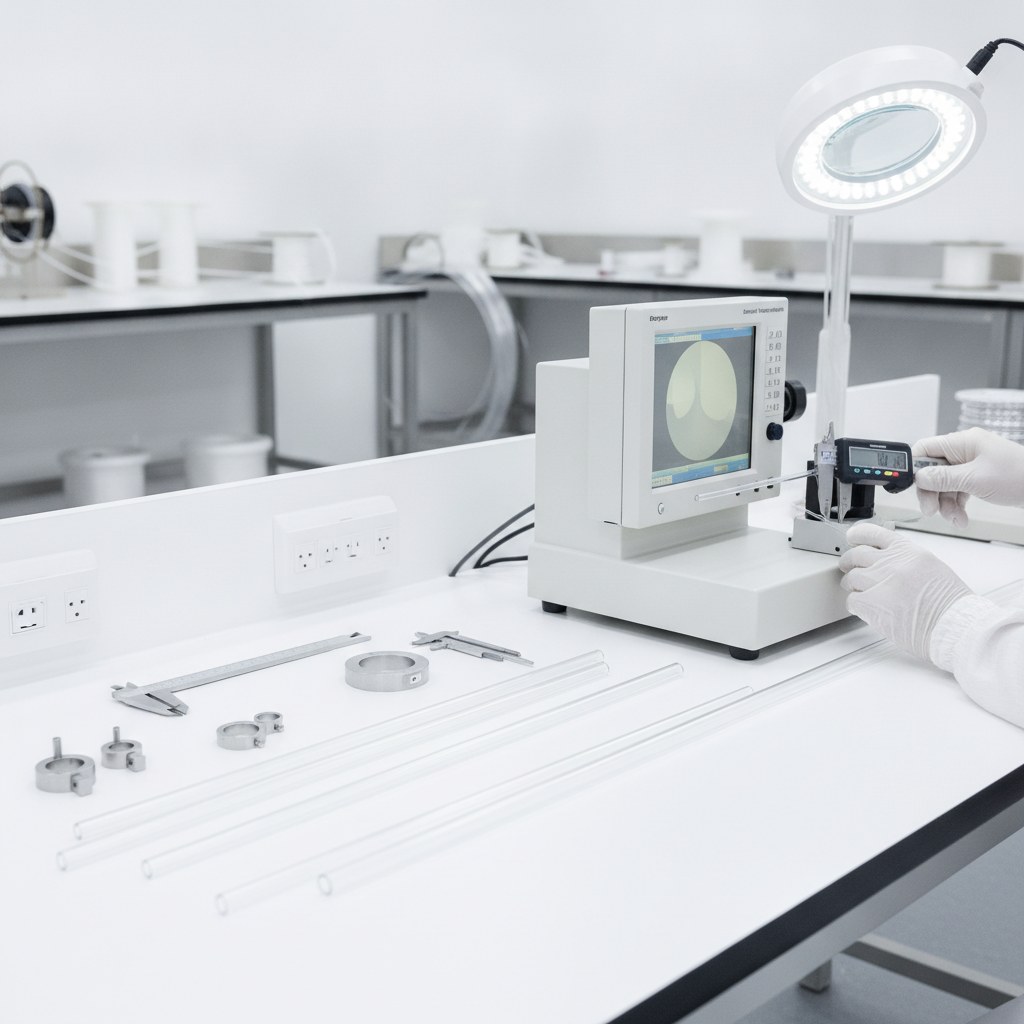 Photorealistic industrial website image for etfe wire tubing: ETFE tubing ID OD and wall inspection in a clean QC station, no text, no logo, no watermark