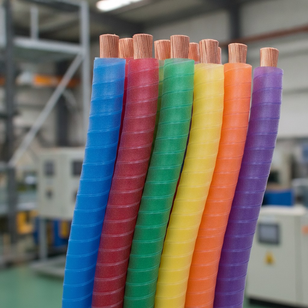 Photorealistic industrial website image for etfe wire tubing: color coded ETFE tubing for wire identification, no text, no logo, no watermark