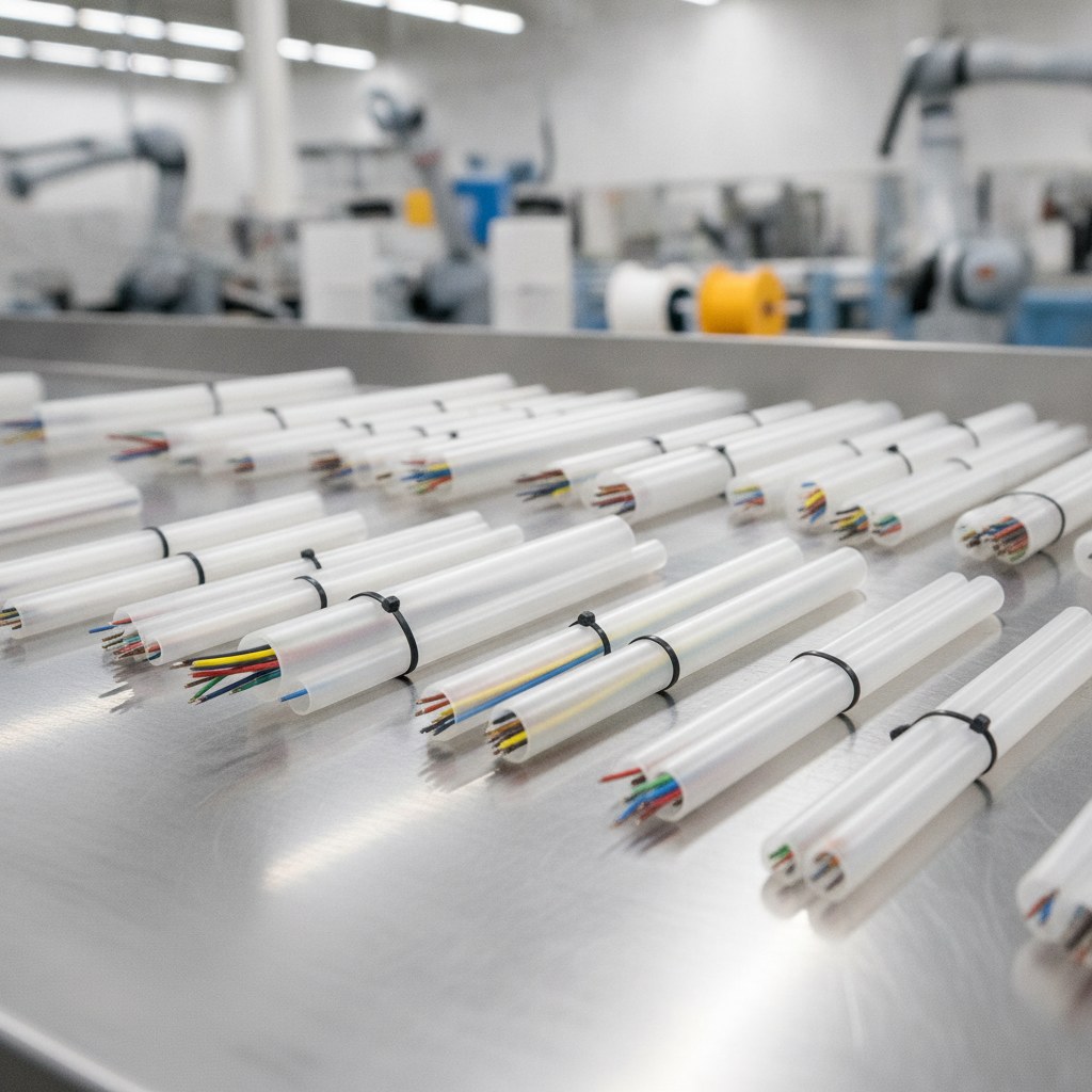 Photorealistic industrial website image for etfe wire tubing: custom cut ETFE tube sets for OEM wire assemblies, no text, no logo, no watermark