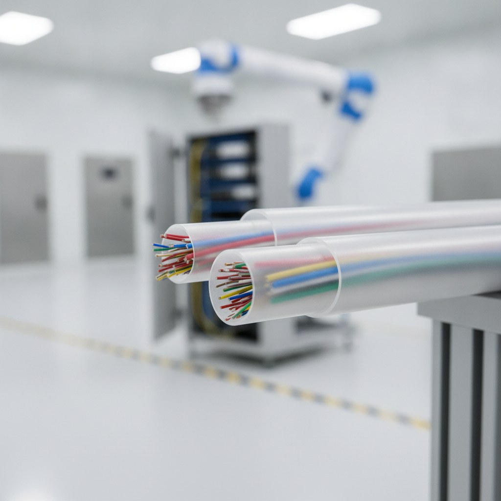 Photorealistic industrial website image for etfe wire tubing: smooth bore ETFE wire sleeve for clean cable protection, no text, no logo, no watermark