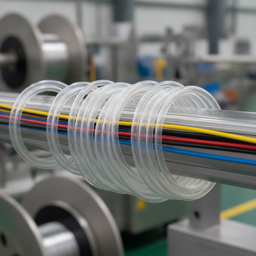 Photorealistic industrial website image for etfe wire tubing: thin wall ETFE tubing for compact electrical insulation, no text, no logo, no watermark