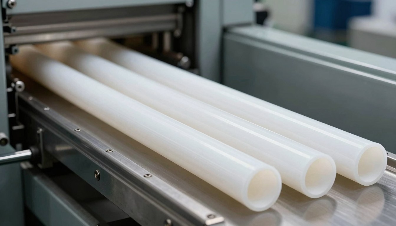 Photorealistic industrial website image for extruded PTFE tubing: white PTFE tubes near extrusion line, clean product scene, no text, no logo, no watermark