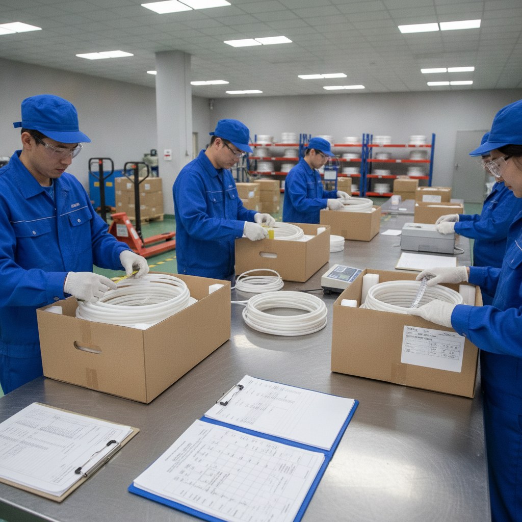 Photorealistic industrial website image for extruded ptfe tubing Packing and Documentation: packing and documentation process scene, no text, no logo, no watermark