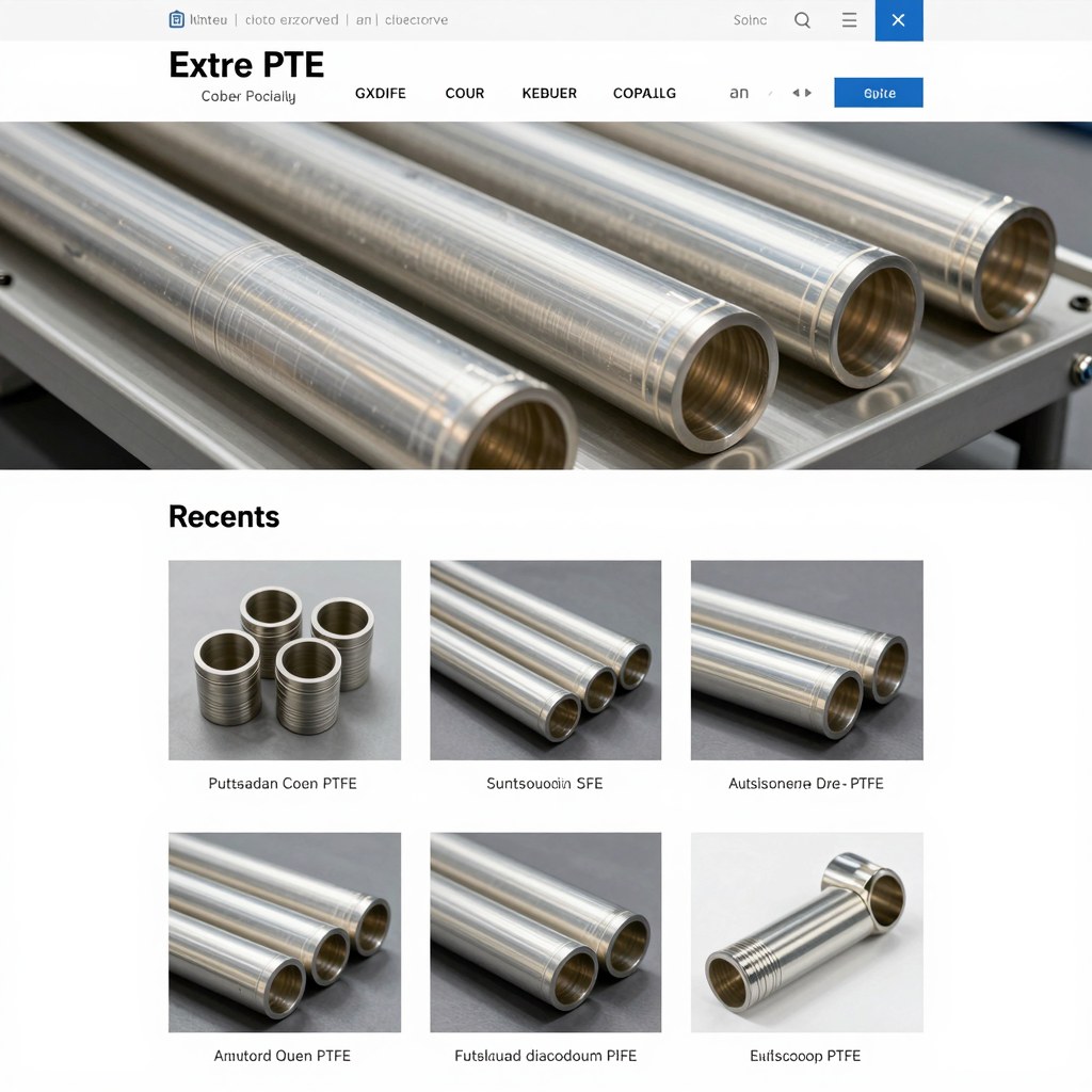 Photorealistic industrial website image for extruded PTFE tubing: custom PTFE tube sizes in inspection setup, no text, no logo, no watermark