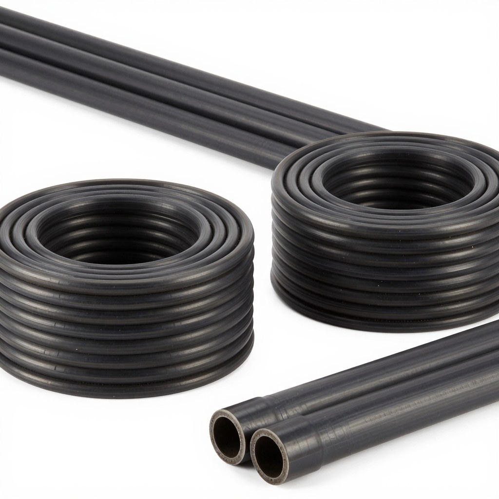 Photorealistic industrial website image for extruded PTFE tubing: standard PTFE tube coils and straight lengths, no text, no logo, no watermark