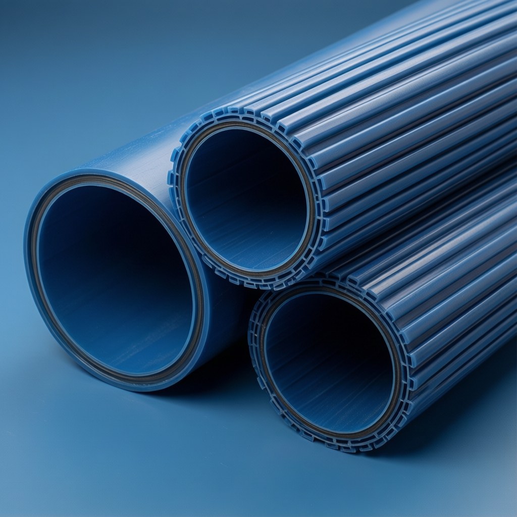 Photorealistic industrial website image for extruded PTFE tubing: thick wall PTFE tubing sections, no text, no logo, no watermark