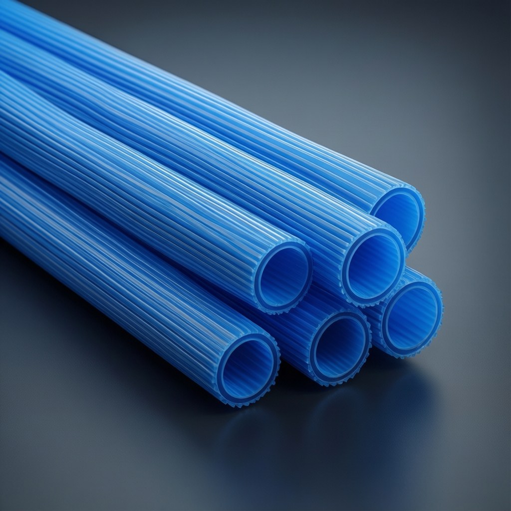 Photorealistic industrial website image for extruded PTFE tubing: thin wall PTFE tubes for compact assemblies, no text, no logo, no watermark