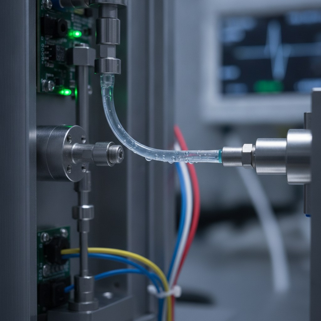 Photorealistic industrial website image for fep capillary tubing: clear FEP capillary fluid path inside analytical instrument environment, no text, no logo, no watermark