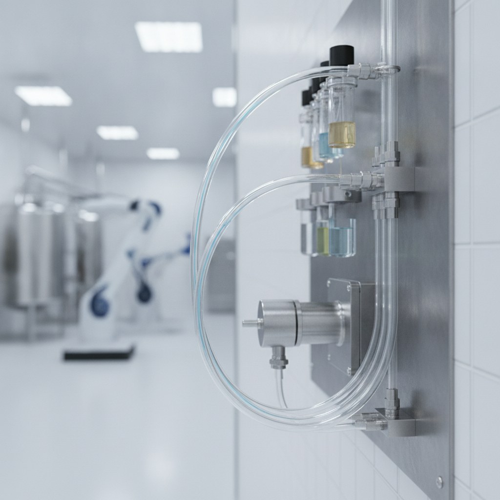 Photorealistic industrial website image for fep capillary tubing: clear FEP capillary chemical metering and dispensing line in clean industrial scene, no text, no logo, no watermark