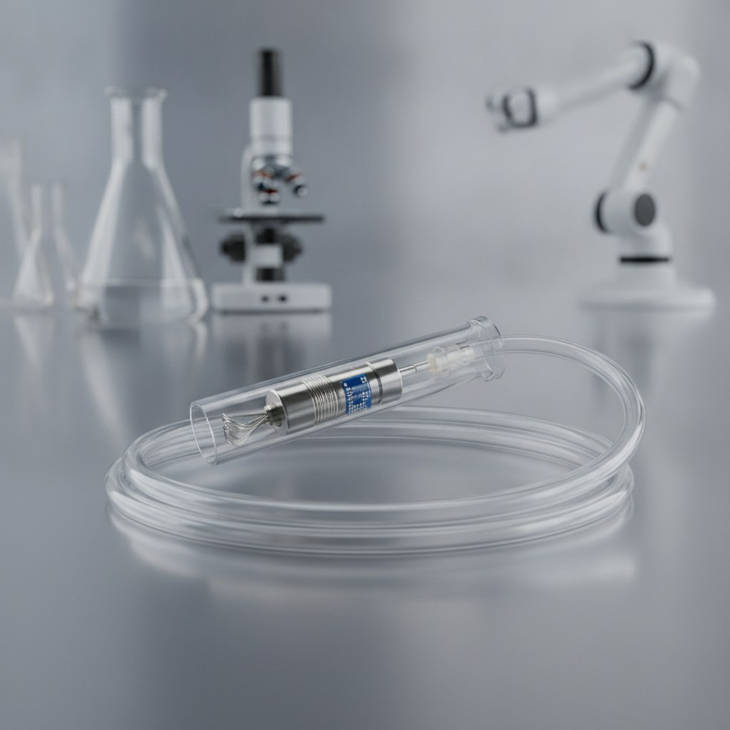 Photorealistic industrial website image for fep capillary tubing: clear FEP capillary sleeve protecting small medical device component, no text, no logo, no watermark