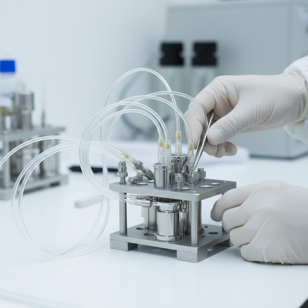 Photorealistic industrial website image for fep capillary tubing: FEP capillary tubes connected to microfluidic test assembly on clean bench, no text, no logo, no watermark