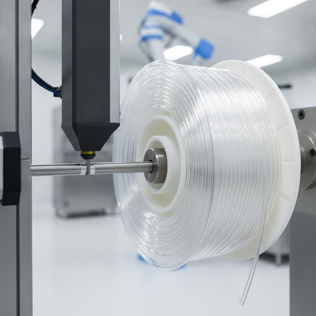 Photorealistic industrial website image for fep capillary tubing: clean cutting and coil packing of transparent FEP capillary tubing, no text, no logo, no watermark