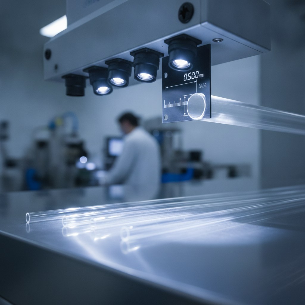 Photorealistic industrial website image for fep capillary tubing: dimension and surface inspection of clear FEP capillary tubing, no text, no logo, no watermark